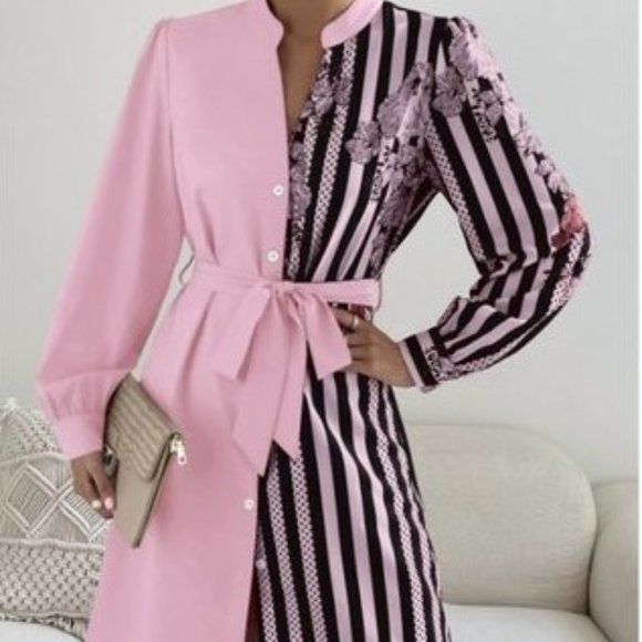 Pink & Black Floral Dress Shirt - Gorgeous, Belted, Medium  Box Car1 - Picture 4 of 7